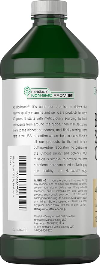 Horbäach Black Seed Oil Liquid | 16oz | 4600mg | Cold Pressed Nigella Sativa Supplement | with Omega 6 &amp 9 | Vegetarian Non-GMO Gluten Free and Solvent Free Formula