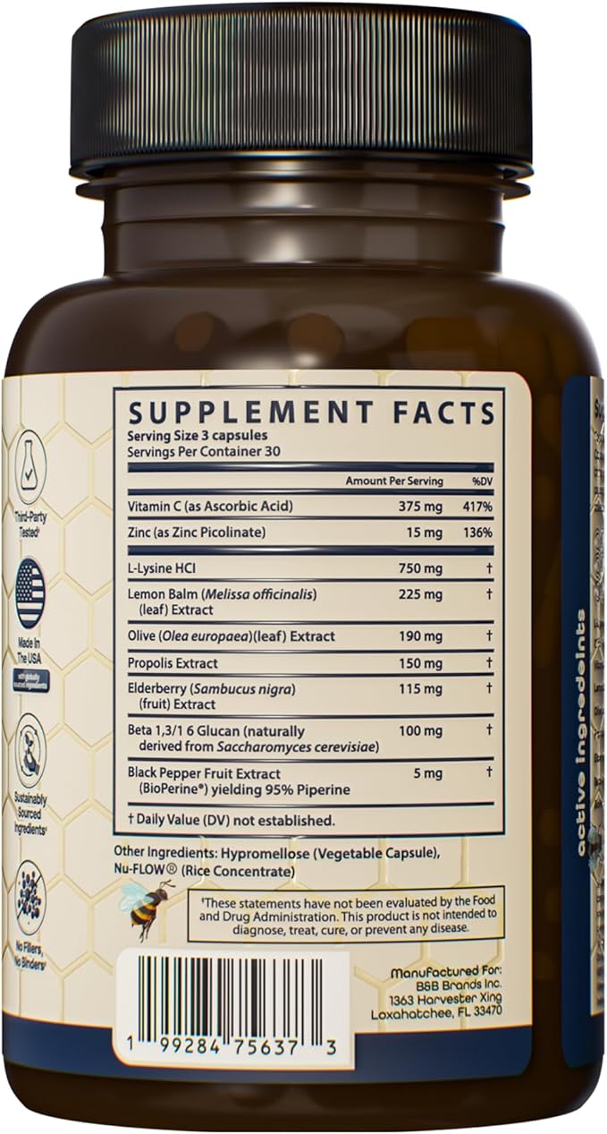 Samara 888 L Lysine Cold Sore Treatment Support Herbal Cold Sore Supplement w/Zinc Picolinate Olive Leaf Extract Beta Glucan &amp Bee Propolis for Skin &amp Lip Health 90 Capsules