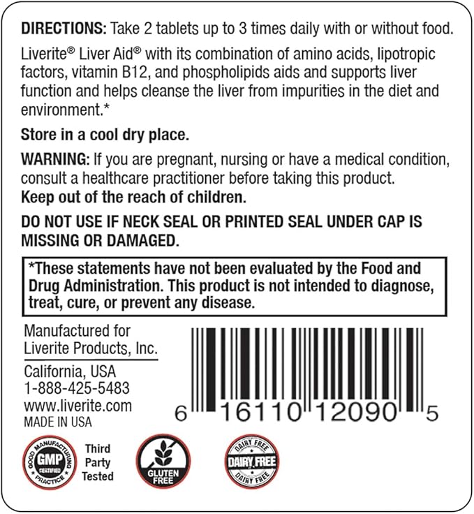 LIVERITE Liver Aid Dietary Supplement 150 Tablets Supports Healthy Liver Function Cleansing Energy and Daily Wellness