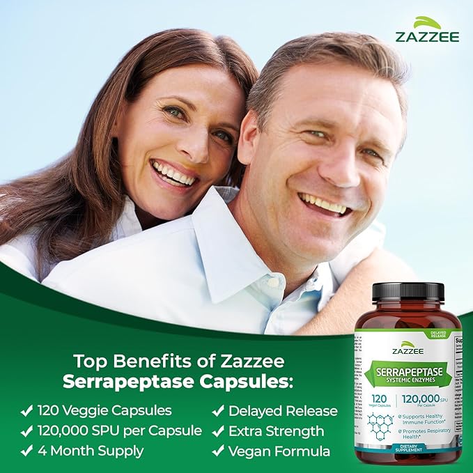 Zazzee Delayed Release Serrapeptase 120000 SPU per Capsule 120 Vegan Capsules 4 Month Supply Extra Strength Potent and Concentrated Systemic Enzymes 100% Vegetarian All-Natural and Non-GMO