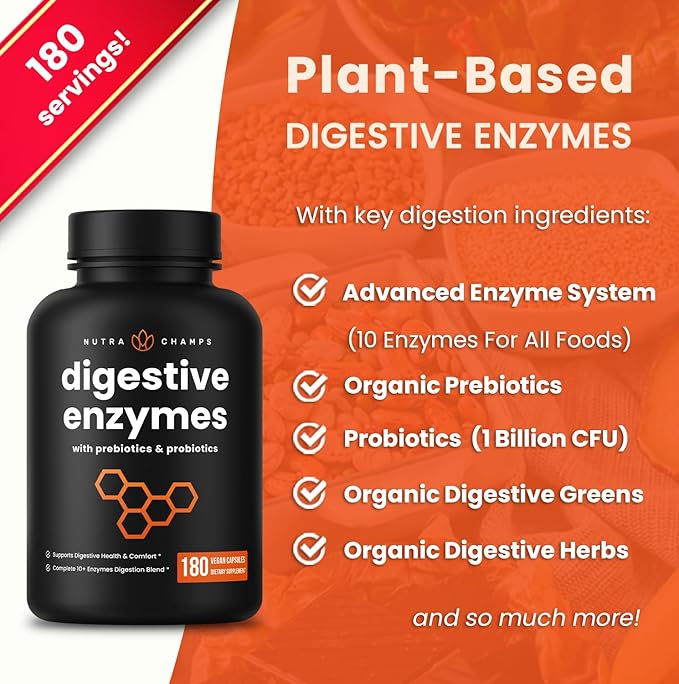 NutraChamps Digestive Enzymes with Probiotics and Prebiotics for Women &amp Men - 180 Vegan Capsules with Bromelain for Bloating &amp Optimal Gut Health