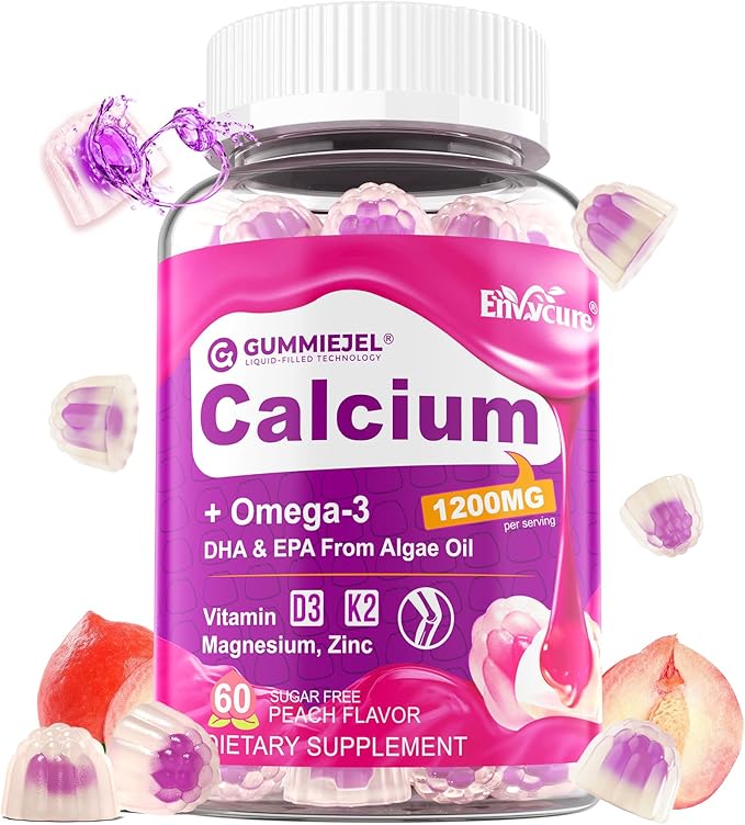 Calcium Citrate 1200mg Gummies Vitamin D3 K2 Omega-3 Magnesium Zinc Boron Manganese Copper 600mg Calcium Supplements for Women &amp Men Bone Strength Immune Support - Vegan Sugar Free 60 C