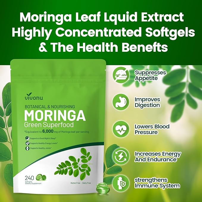 VivoNu Pure Moringa Capsules Moringa Leaf Extracts 120 Day Supply 30:1 Ultra-Concentrated Liposomal Tech 98% Absorption Complete Green Superfood for Energy Skin Immune &amp Gut Health