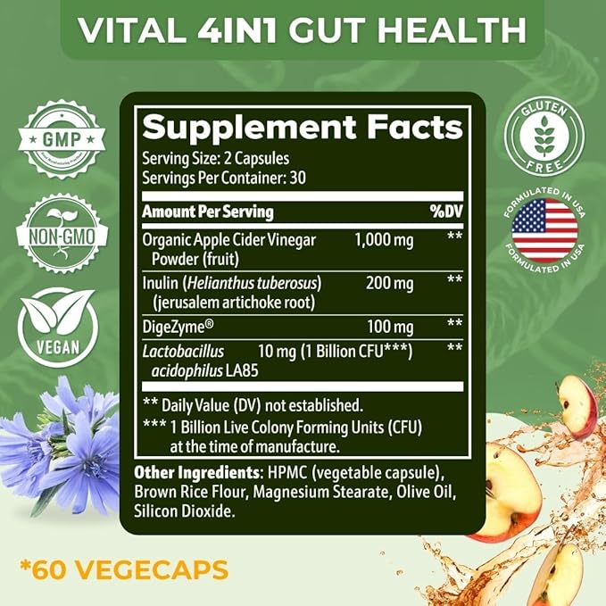 Vital Gut Health 4in1 Formula with Apple Cider Vinegar Prebiotics &amp Probiotics Digestive Enzymes for Strong Immunity Support and Complete Gut and Digestion Support- 30 Days Supply