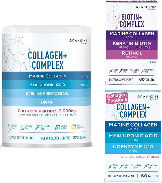 Granions Biotin Keratin Collagen Complex Collagen Complex CoQ10 and Marine Collagen Lemon Powder Bundle