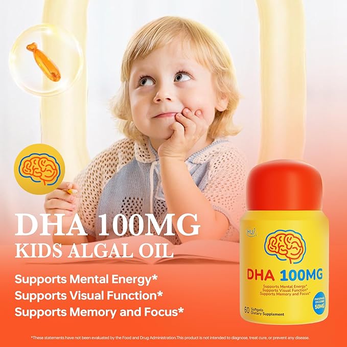 HUJ DHA 100mg - Kids DHA Supplemnent - Algal Oil - Contain DHA Phosphatidyserine &amp GABA - Supports Mental EnergyVisual FunctionMemory and Focus* - 60 Softgels