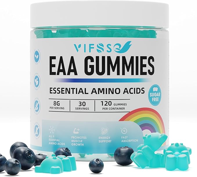 VIFSSG EAA Gummies 120 Gummies (Blue Raspberry) Essential Amino Acids - All 9 Essential Aminos (EAA) and All Branched-Chain Aminos (BCAAs) Non-GMO Gluten Free Vegetarian Friendly