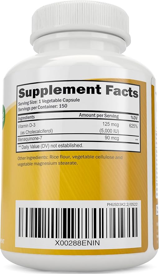 Purely Holistic Vitamin D3 125mcg and Vitamin K2 90mcg MK7-4 Month Supply 150 Vegetarian Capsules - Vitamin D3 &amp K2 Menaqunione - High Strength Cholecalciferol Made in The USA