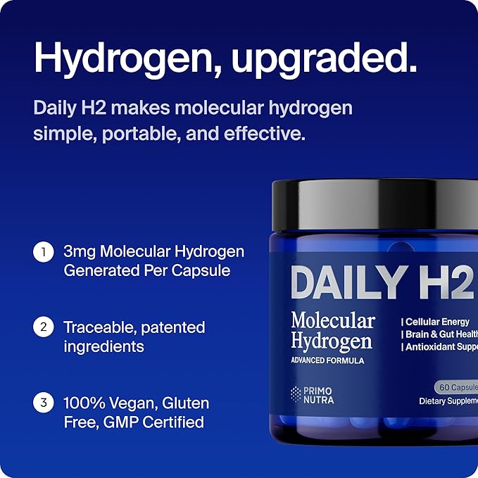 Hydrogen Water Tablets Alternative | DailyH2 Molecular Hydrogen Capsules | 3mg H2 for Cellular Energy Focus &amp Recovery | Brain Gut &amp Mitochondrial Support | 60 Caps