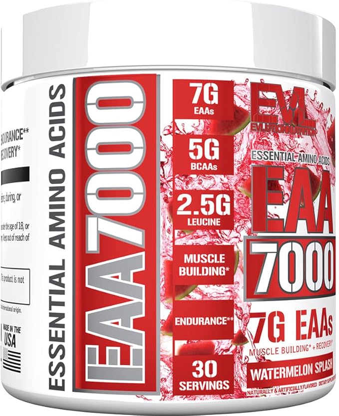Evlution Nutrition EAA7000 - Pre &amp Post Workout Powder - Muscle Building + Recovery Supplement - 7g Essential Amino Acids + 5g BCAAs - Endurance + Energy Support - 30 Servings - Watermelon Splash