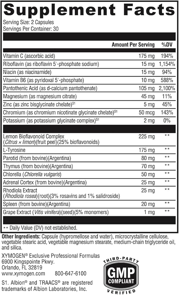 XYMOGEN Adrenal Manager - Energy Stress Response + Adrenal Gland Support - Adrenal Supplement with L-Tyrosine Zinc Chelate VIT B6 Magnesium Pantothenic Acid Rhodiola Rosea (60 Capsules)
