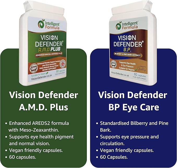 Vision Defender A.M.D. Plus &amp BP Eye Care Bundle – Advanced Eye Supplements with AREDS2 (Lutein Zeaxanthin Vitamin C &amp E Copper Zinc) Plus Meso-Zeaxanthin Bilberry Pine Bark. Made in UK