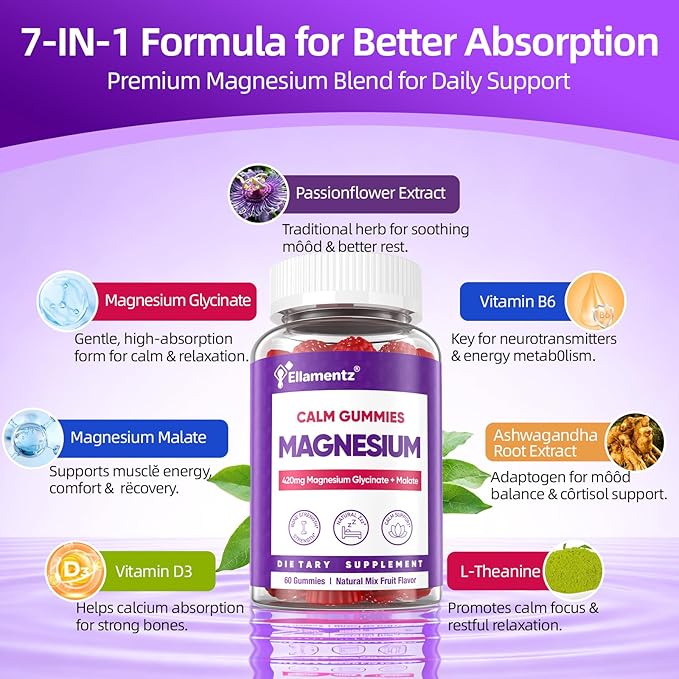 Magnesium Glycinate Gummies 420mg for Men &amp Women - Melatonin Free Magnesium with Ashwagandha L-Theanine Vitamin D3 &amp B6 (P5P) - Total Calm Strěss Rělief &amp Musclě Rělax Supplement -2 Pa