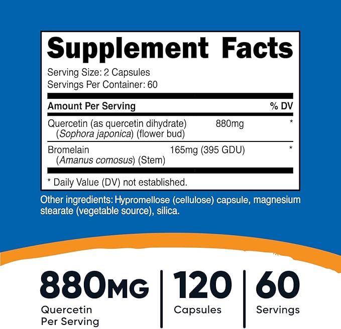 Nutricost Quercetin with Bromelain 880mg Quercetin + 165mg Bromelain Per Serving 120 Capsules 60 Servings (2 Caps Per Serving) - Vegetarian Non-GMO &amp Gluten Free