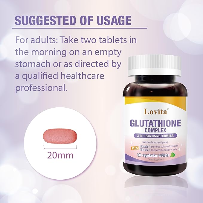 LOVITA Glutathione Complex 500mg for Radiant Skin &amp Immunity Support | 99.8% Purity with Vitamin C Selenium &amp E Vegan Non-GMO Gluten-Free 180 Vegetarian Tablets (Pack of 3)