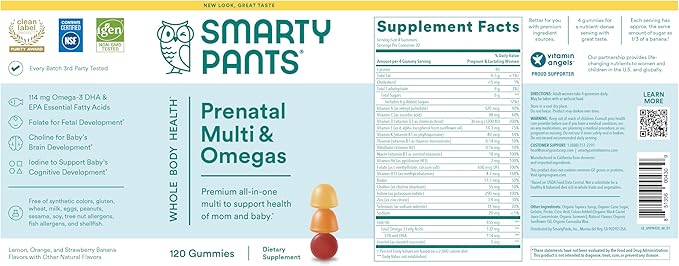 SmartyPants Prenatal Vitamins for Women Multivitamin Gummies: Omega 3 Fish Oil (EPA/DHA) Biotin Methylfolate Vitamin D3 C Vitamin B12 B6 A K &amp Zinc Inositol 120 Count (30 Day Supply)
