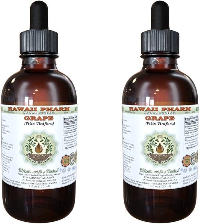 Hawaii Pharm Grape Alcohol-Free Liquid Extract Grape (Vitis Vinifera) Dried Seed Glycerite Natural Herbal Supplement 2x4 oz