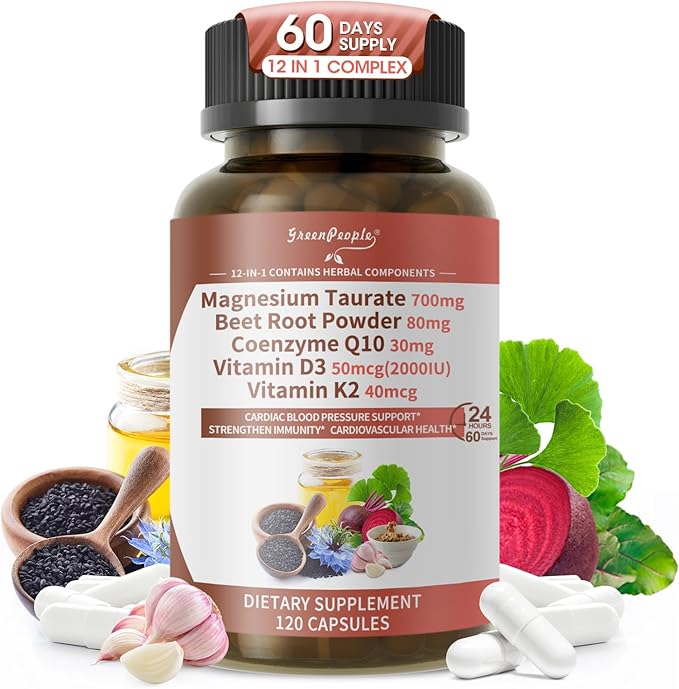 Magnesium Taurate Capsules 12-in-1 Complex - Beet Root CoQ10 Resveratrol for Heart Support Immue Support High Absorption Magnesium Taurate Complex Supplement for Men and Women 120 Capsules
