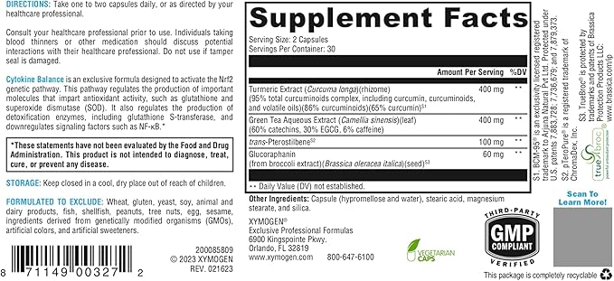 XYMOGEN Cytokine Balance - Antioxidant &amp Cellular Detox Support - 400 mg Turmeric Extract - Features Nrf2 Activators - Vegan &amp Non-GMO - 60 Capsules