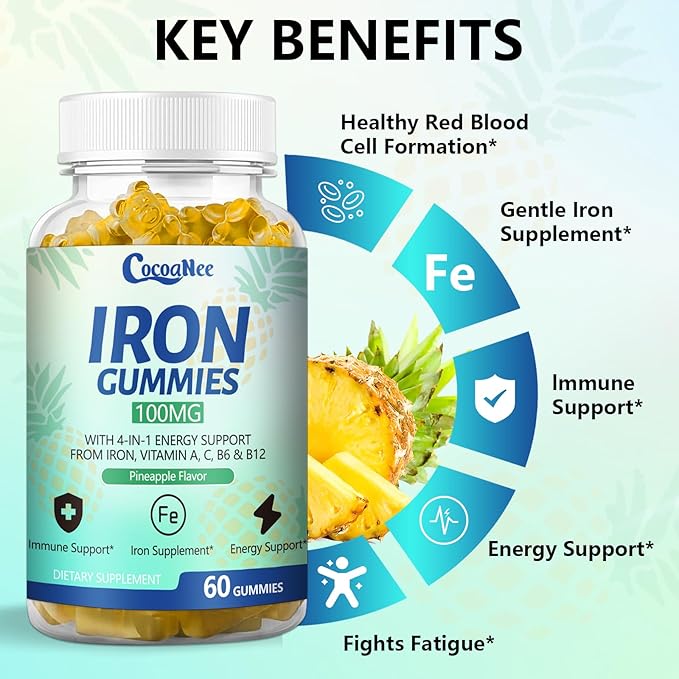 2 Pack 100MG Iron Supplements Gummies for Women &amp Men - Vitamin C A B12 - Complex Improve Absorption Energy Boost Iron Deficiency Anemia for Adults &amp Kids - Complex Folate Zinc 120Cts
