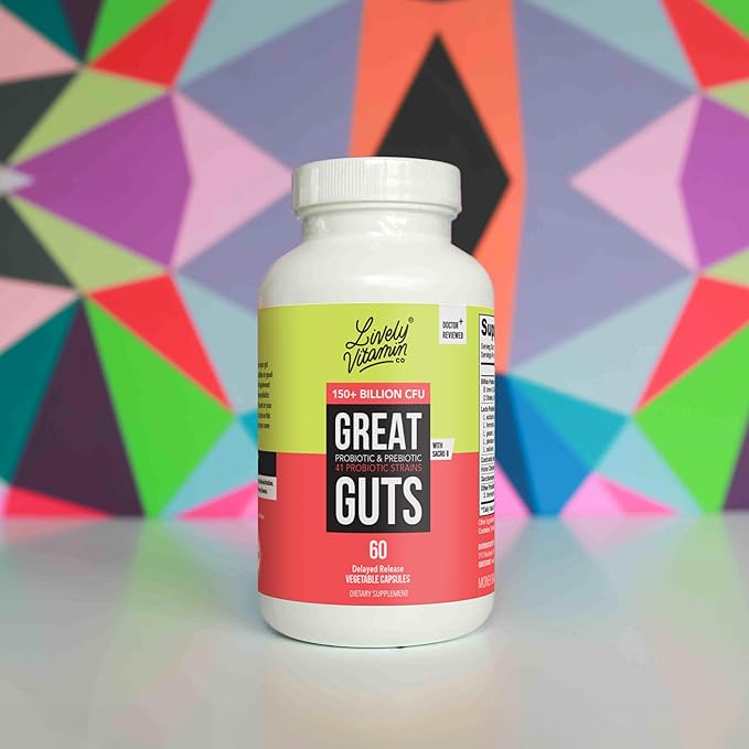 LIVELY VITAMIN CO. Great Guts Probiotic - 100 Billion CFU Probiotic - Balance Gut Microbiome GI Tract Inflammation Indigestion Reflux Upset Stomach &amp Diarrhea - 60 Caps