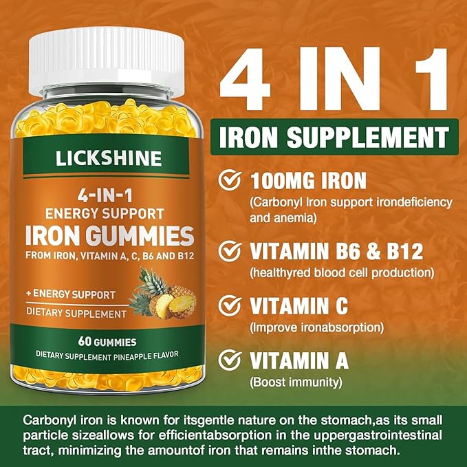 lickshine 2 Pack Vegan 100MG Iron Supplement Gummies for Women &amp Men - with Vitamin C A B for Adults &amp Kids - Energy Support for Iron Deficiency Anemia - Pineapple Flavor (120 Ct)
