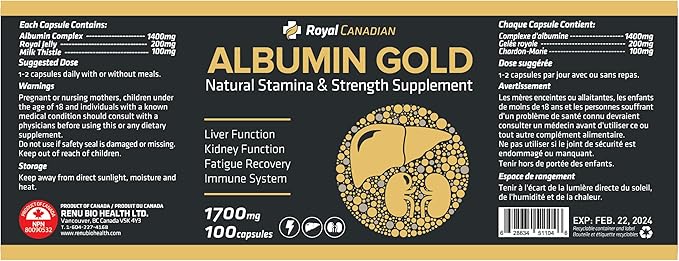 Royal Canadian Albumin Gold 1700mg | Liver Function | Fatigue Recovery | Immune System (100 x 1700mg Capsules)