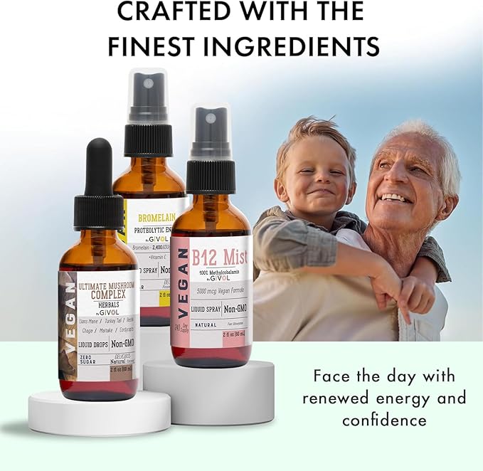 Trio Bundle - Mushroom Complex Drops B12 Mist &amp Bromelain Spray - Non-GMO Gluten-Free Sugar-Free Easy Absorption Multivitamins for Kids &amp Adults - 2 Fl Oz 420 Day Supply