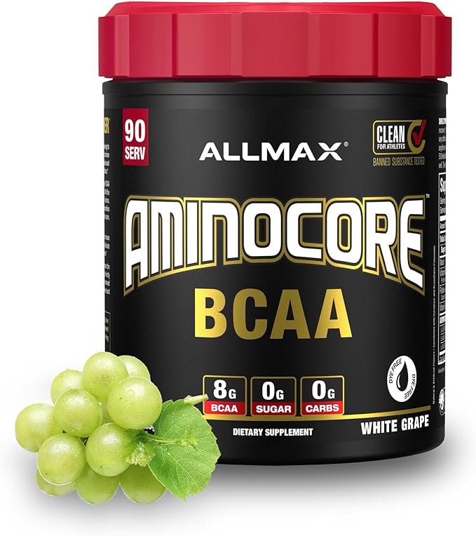 ALLMAX AMINOCORE BCAA Powder for Workout Muscle Recovery &amp Increased Endurance - Sugar Free No Fillers 8.18 Grams Bcaas Amino Acids B Vitamins for Women and Men- 90 Servings | White Grape 1035g