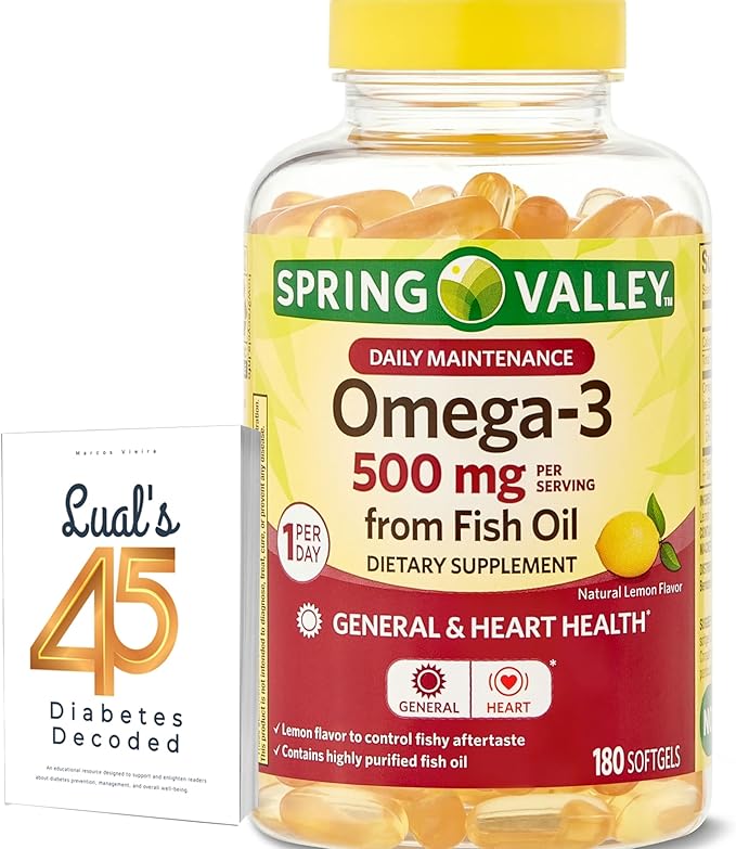Spring Valley Omega-3 500 mg 180 Count from Fish Oil Omega 3 Dietary Supplements Bundle with Lual's 45 Diabetes Decoded