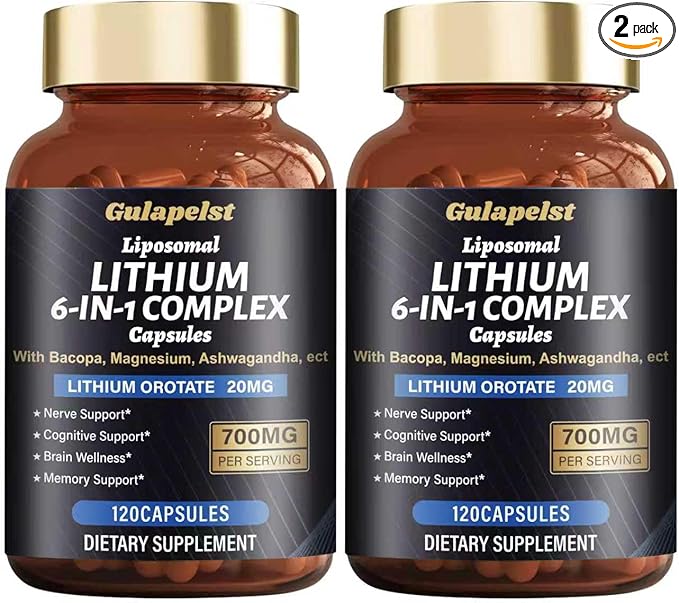 2 Packs Lisopomal Lithium Orotate Complex Capsules Lithium Orotate 20 mg Magnesium Glycinate &amp Ashwagandha Brain Health Supplements for Cognitive Mood &amp Memory – Non-GMO 240 Vegan Capsule