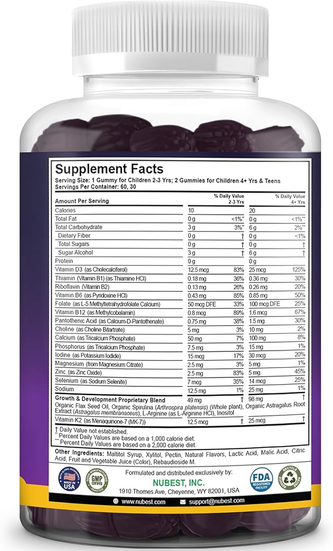 NuBest Tall Gummies for Kids Age 2+ &amp Teens | Bone Strength Immunity Digestive Health with Calcium Vitamin D3 K2 B Complex Magnesium Zinc | 20+ Vitamins Berries Gummies No Added Sugar