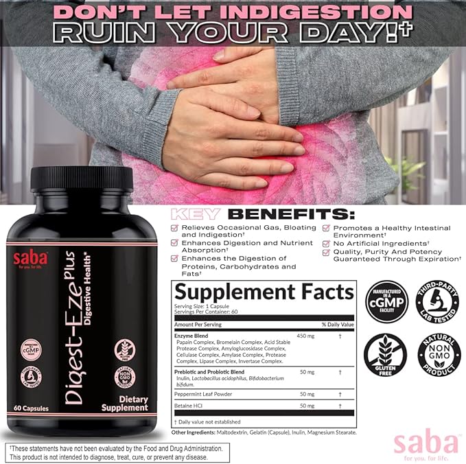 Saba Digestive-EZE Plus–Broad Spectrum Plant-Sourced Enzymes Prebiotics &amp Probiotics -Support Digestive &amp Gut Functions Immunity &amp Absorption with Betaine Bromelain -60 Capsules