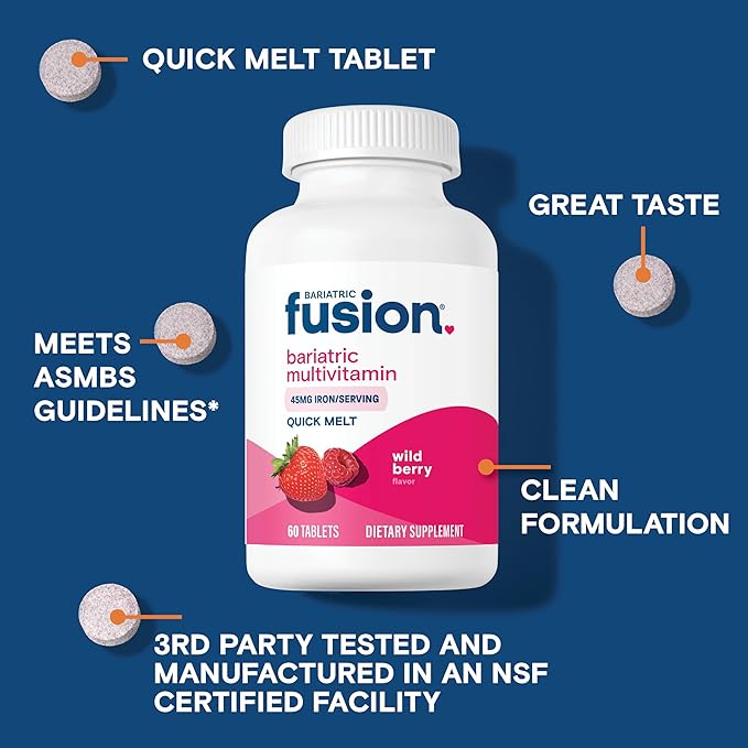 Bariatric Fusion Bariatric Multivitamin with Iron Quick Melt | Sugar Free Vitamins for Gastric Sleeve and Gastric Bypass | Wild Berry Flavor | 60 Fast Dissolving Tablets
