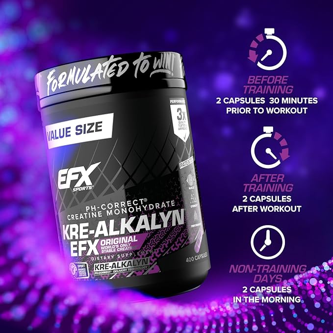 EFX Sports Kre-Alkalyn EFX | pH Correct Creatine Monohydrate Pill Supplement | Strength Muscle Growth &amp Performance | 200 Servings 400 Capsules