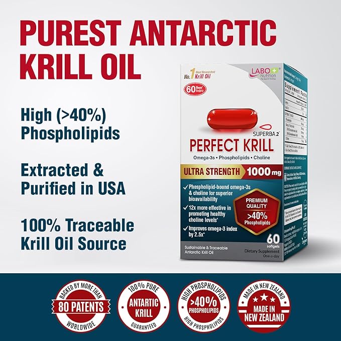 LABO Nutrition Perfect Krill 1000 mg Antarctic Krill Oil Omega 3 EPA DHA w/Phospholipids (&gt40%) Choline Astaxanthin | Supports Brain Eye Heart &amp Joint Health 60 softgels