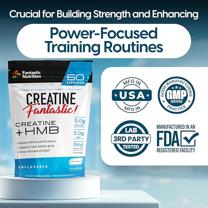 Fantastic Nutrition's Creatine + HMB — Clinically Dosed 5g Creapure German Creatine Monohydrate Plus 3g myHMB for Strength Lean Muscle &amp Recovery — 60 Servings Unflavored