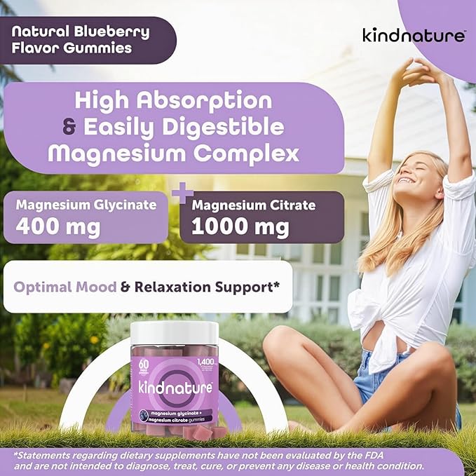 kindnature Magnesium Glycinate &amp Citrate Gummies – Calm Magnesium Complex for Sleep Stress Cramps &amp Digestion – Chewable Vegan Magnesium Supplement for Women Teens Adults – 60 Ct