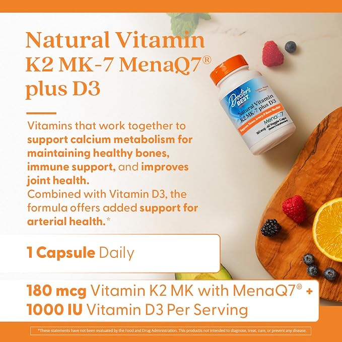 Doctor's Best Natural Vitamin K2 MK-7 Plus D3 - VIT D3 and K2 MK7 Supplement for Men &amp Women Supports Tissue Artery &amp Bone Health Non-GMO Gluten Free Soy Free Vegetarian - 60 Veg Caps