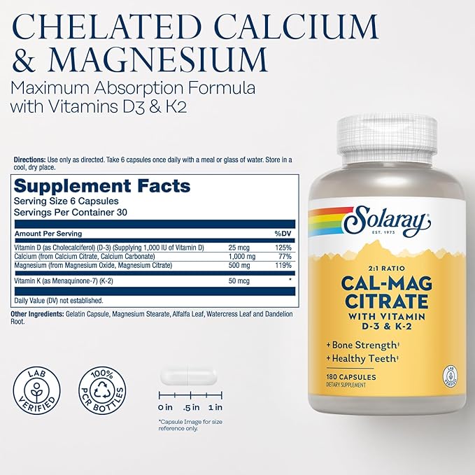 SOLARAY Calcium Magnesium Citrate w/Vitamin D3 K2 - Calcium Supplements for Women and Men - Bone and Heart Health Support - Cal Mag 2:1 Ratio Plus Vitamin D 3 and K2 60-Day Guarantee 30 Servings