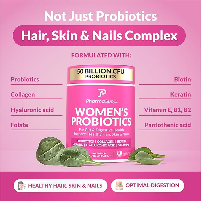 ADVANCED Women's Probiotics for Gut Health With Hair Skin &amp Nails Vitamins Support - 50 Billion CFU w/ Collagen Biotin &amp Keratin - Probiotic Supplement for Digestive Health &amp Bloating R