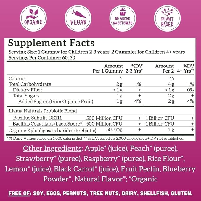 Llama Naturals Kids Pre &amp Probiotic Gummies + Adult Pre &amp Probiotics Bundle | No Added Sugar Cane | Vegan | Organic | Mixed Berry Flavor | 2 Bottles