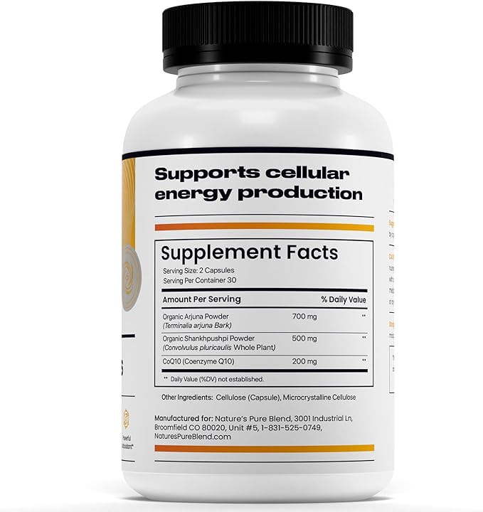 Nature's Pure Blend CoQ10 Plus – Antioxidant Formula with Arjuna &amp Shankhpushpi – CoQ10 Ubiquinol for Circulation Blood Flow &amp Energy – Coenzyme Q10 Supplement for Immune System – 60 Capsules