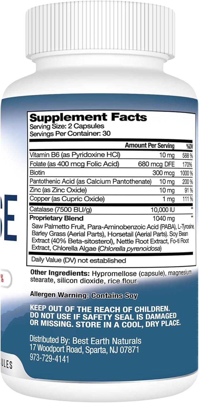 Best Earth Naturals Catalase Supplement 10000 with Saw Palmetto Biotin Fo-Ti PABA - Hair Supplements for Strong Hair - 180 Capsules - Pack of 3 (90-Day Supply)