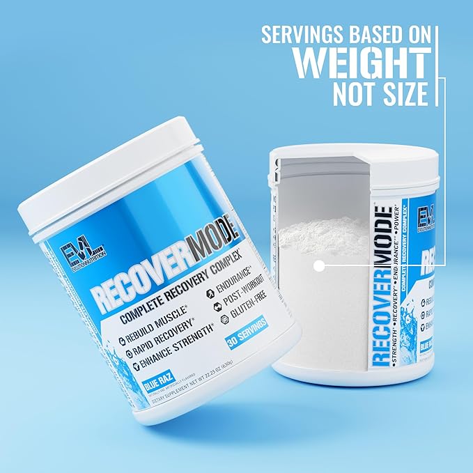 Evlution Nutrition Recover Mode- Complete Post Workout with BCAAs Immunity Support Vitamin C D &amp E Electrolytes Hydration Creatine Glutamine Beta-Alanine L-Carnitine 30 Serve Blue Raz