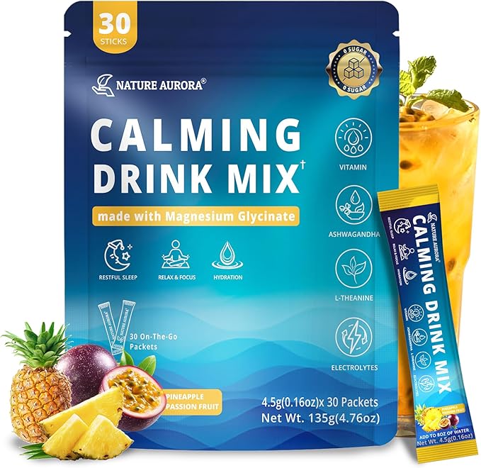 Calming Powdered Drink Mix Cortisol Drink Mix Powder with Magnesium Glycinate Ashwagandha L-Theanine Vitamin Cortisol Support Supplements for Relax Focus &amp Calm Pineapple Flavor 30 Packets