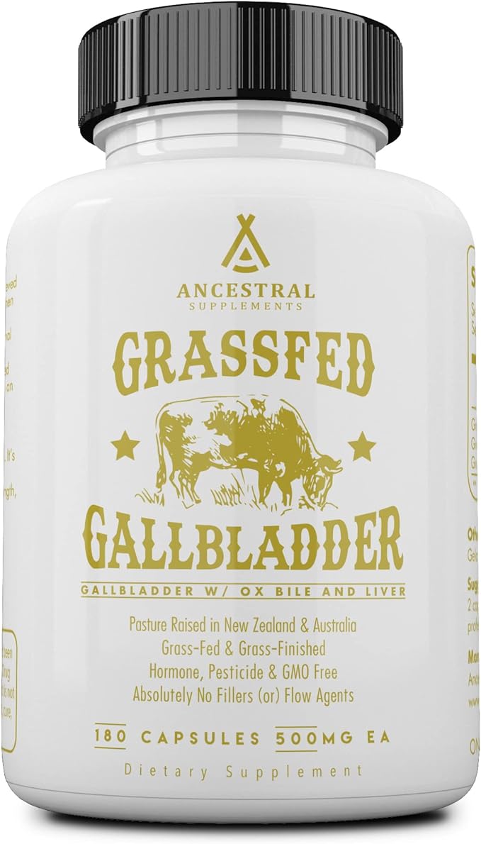 Ancestral Supplements Grass Fed Beef Gallbladder Supplements with Ox Bile and Liver 500mg Liver and Gallbladder Support Complex Promotes Gallbladder &amp Digestive Health and Bile Flow 180 Capsule