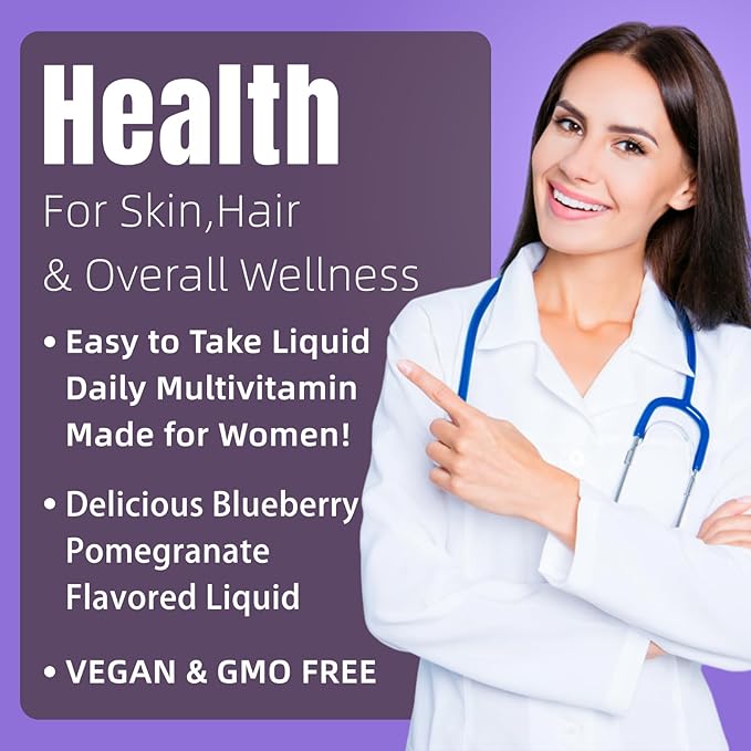 Liquid Multivitamin for Hair Formula | Biotin 2500mcg | Healthy Hair Habits | Clinically Tested for Thicker Hair &amp Skin Elasticity for Women | Ages 18+ | 16 Fl Oz (Blueberry Pomegranate Flavor)