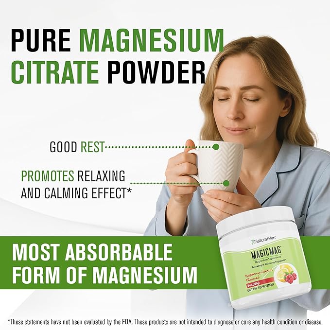 NaturalSlim MagicMag Magnesium Citrate Powder Drink for Relaxation Stress Constipation Better Rest &amp Digestive Health Magnesium Supplement for Women and Men Raspberry Lemon 8oz