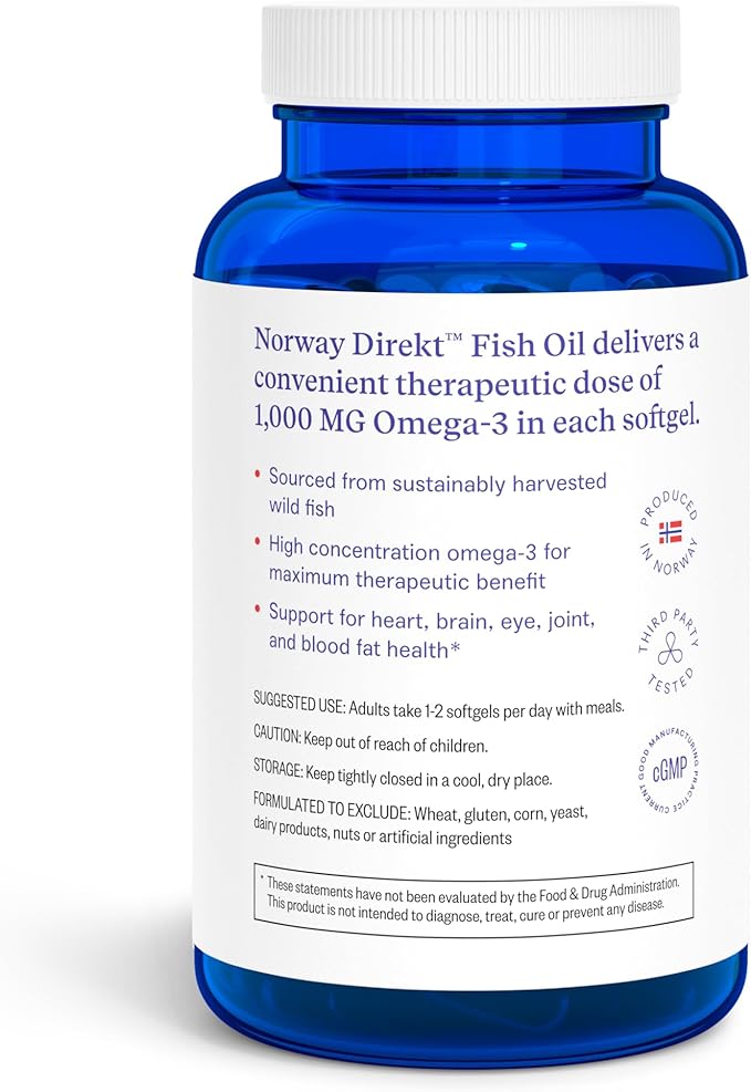 Norway Direkt Omega-3 Fish Oil 2000mg of Omega-3 per 2 softgel| 1060mg EPA 740mg DHA (2 Soft-Gel Serving) Pharmaceutical Grade (180 Softgels)